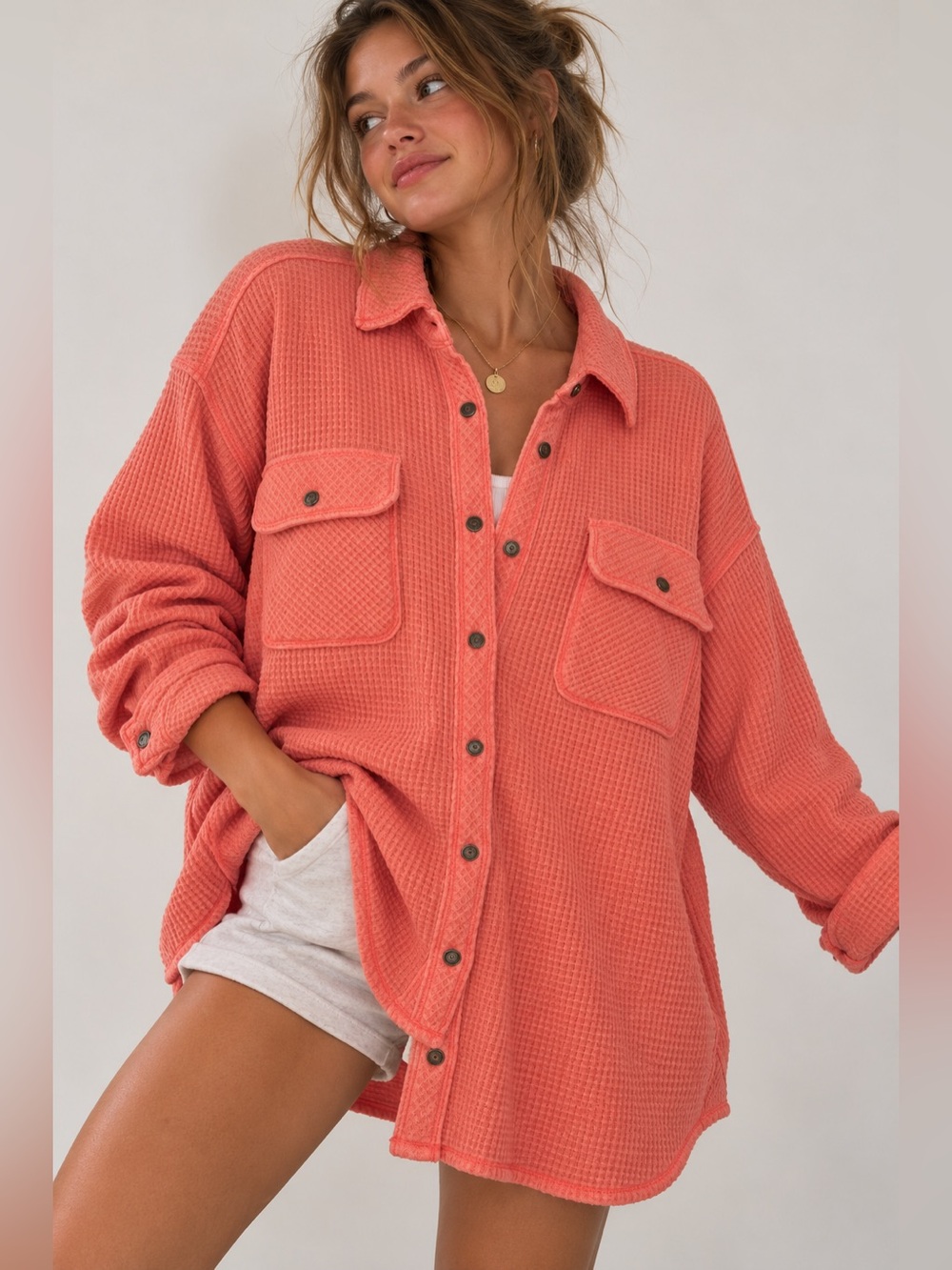 Aerie LumberJane Waffle Shirt Coral Sun Oversized Shacket XS